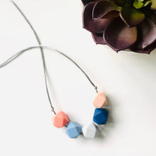 Load image into Gallery viewer, Teething Necklace - Blues / Grey / Peach - Geometric Bead Silicone Teething Jewellery - Mama Knows
