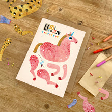 Load image into Gallery viewer, Unicorn Split Pin Puppet A5 Birthday Greeting Card - Make your own Unicorn puppet - Emily Nash Illustration