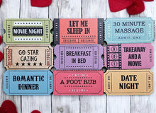 Load image into Gallery viewer, Valentine's Tickets - contains 9 wooden tickets for romantic things to do! - The Crafty Little Fox