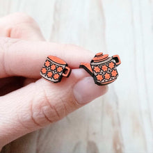 Load image into Gallery viewer, Wooden Stud Earrings - Teapot and Teacup mismatched pair - Silly Loaf