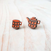 Load image into Gallery viewer, Wooden Stud Earrings - Teapot and Teacup mismatched pair - Silly Loaf