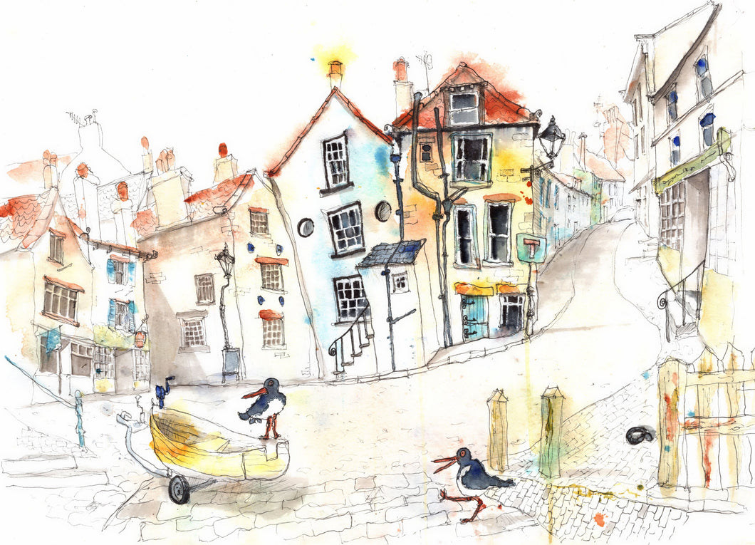 Robin Hoods Bay and Oystercatchers - Yorkshire Art - Tim Gomersall Art & Illustration