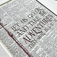 Load image into Gallery viewer, Text on a book page with 'Let us go and take adventures' printed on it.