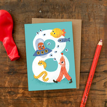 Load image into Gallery viewer, Age Eight Crazy Critters Greeting Card - 8th Birthday Card - Emily Nash Illustration