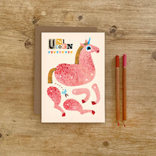 Load image into Gallery viewer, Unicorn Split Pin Puppet A5 Birthday Greeting Card - Make your own Unicorn puppet - Emily Nash Illustration