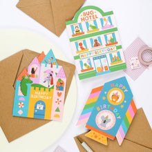 Load image into Gallery viewer, Greetings Card - Playful Bug Hotel - Die Cut Birthday Card for Kids with Cute Critters - Mifkins