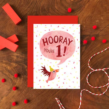 Load image into Gallery viewer, 1st Birthday Card - Hooray You're One! - Bird Birthday Greeting Card - Emily Nash Illustration
