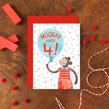 Load image into Gallery viewer, 4th Birthday Card - Monkey Birthday Greeting Card - Hooray You're 4! - Emily Nash Illustration