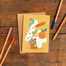 Load image into Gallery viewer, Age Four Crazy Critters Greeting Card - 4th Birthday - Emily Nash Illustration