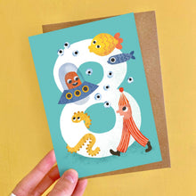 Load image into Gallery viewer, Age Eight Crazy Critters Greeting Card - 8th Birthday Card - Emily Nash Illustration
