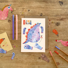 Load image into Gallery viewer, Dinosaur Split Pin Puppet A5 Birthday Greeting Card - Make your own Dinosaur Puppet - Emily Nash Illustration