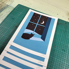 Load image into Gallery viewer, Watching through the Night Screenprint - Cat print in 2 sizes - Or8 Design