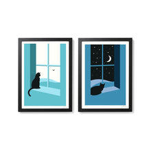 Load image into Gallery viewer, Watching through the Night Screenprint - Cat print in 2 sizes - Or8 Design