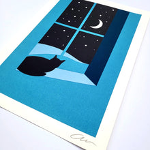 Load image into Gallery viewer, Watching through the Night Screenprint - Cat print in 2 sizes - Or8 Design