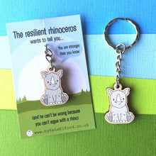 Load image into Gallery viewer, Wooden Keyring - The Resilient Rhinoceros - Cute Rhino key ring - By Kate Elford