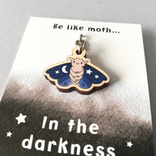 Load image into Gallery viewer, Wooden Keyring - Moth - In the darkness look for the light - Cute mini key ring - By Kate Elford