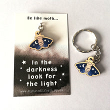 Load image into Gallery viewer, Wooden Keyring - Moth - In the darkness look for the light - Cute mini key ring - By Kate Elford