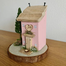 Load image into Gallery viewer, Mini Cottage - Pink Cottage on Green Log Slice - Wooden Cottage - Tina's Lovely Creations