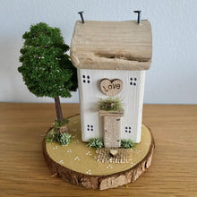 Load image into Gallery viewer, Mini Cottage - Cream Cottage on Log Slice - Wooden Cottage - Tina's Lovely Creations