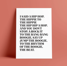 Load image into Gallery viewer, Rappers Delight Lyrics Print - A4 - Hip Hop - Sugar Hill Gang - Blush and Blossom