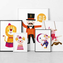 Load image into Gallery viewer, Circus Themed A4 Print - Ring Master, Clown, Acrobat, Lion - Emily Spikings