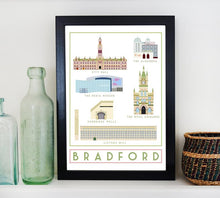 Load image into Gallery viewer, Bradford Landmarks Travel inspired A3 poster print - Sweetpea & Rascal - Yorkshire prints