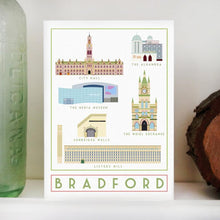 Load image into Gallery viewer, Bradford Landmarks greetings card - tourism poster inspired - Sweetpea and Rascal - Yorkshire scenes