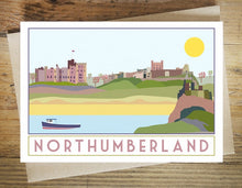 Load image into Gallery viewer, Northumberland landmarks greetings card - tourism poster inspired - Sweetpea and Rascal