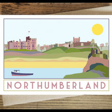 Load image into Gallery viewer, A greetings card featuring illustrations of Northumberland landmarks such as Alnwick Castle and Bamburgh Castle, with the sun shining and a boat on the water in the foreground. The name 'NORTHUMBERLAND' is printed on the bottom of the card.