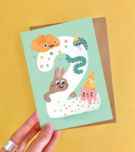 Load image into Gallery viewer, Age Two Crazy Critters Greeting Card - 2nd Birthday - Emily Nash Illustration
