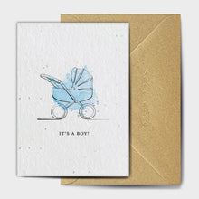 Load image into Gallery viewer, Wildflower Seed Paper Plantable Greetings Card - It&#39;s a Boy - Blue Pram New Baby Card - The Seed Card Company
