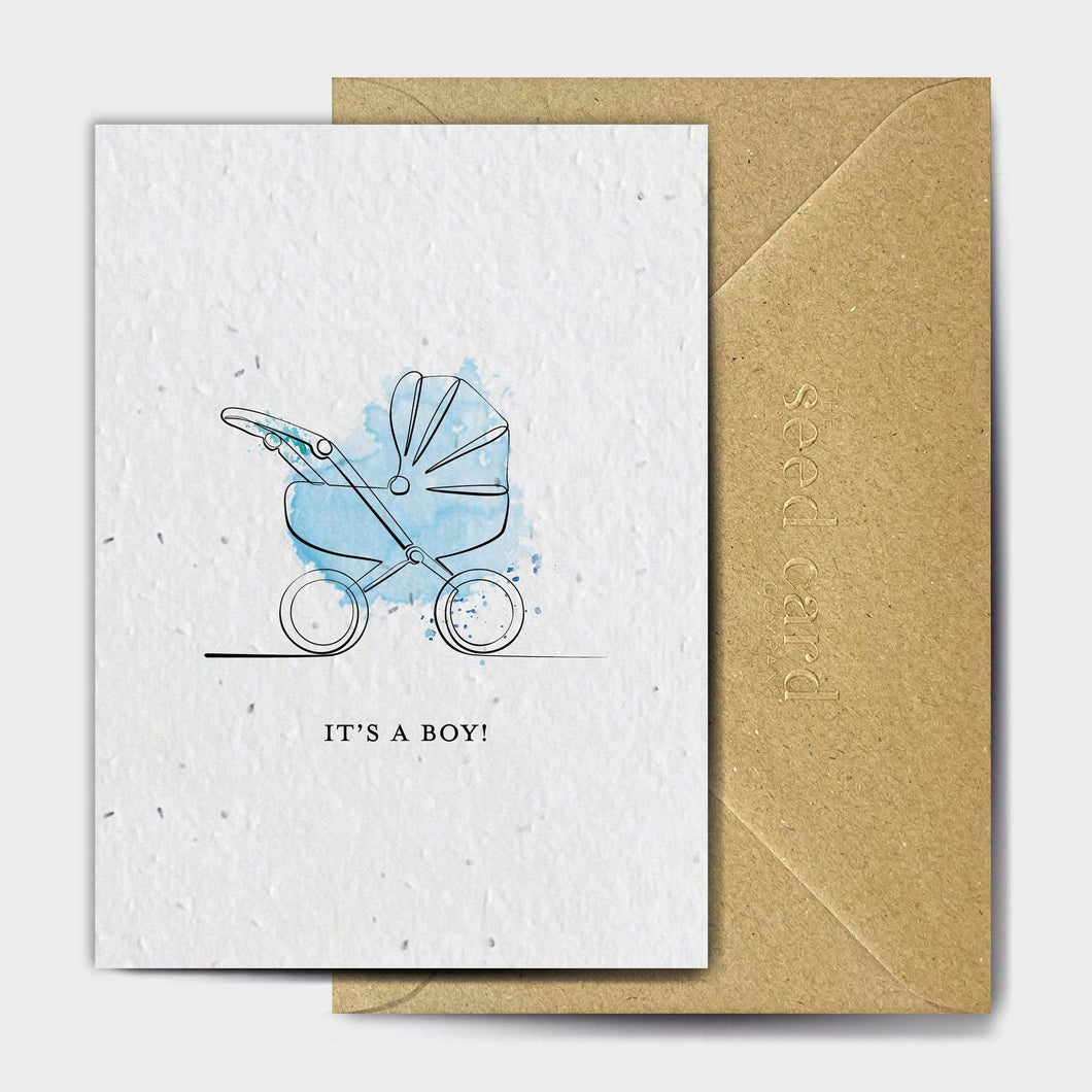 Wildflower Seed Paper Plantable Greetings Card - It's a Boy - Blue Pram New Baby Card - The Seed Card Company