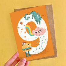 Load image into Gallery viewer, Age Nine Crazy Critters Greeting Card = 9th Birthday - Emily Nash Illustration
