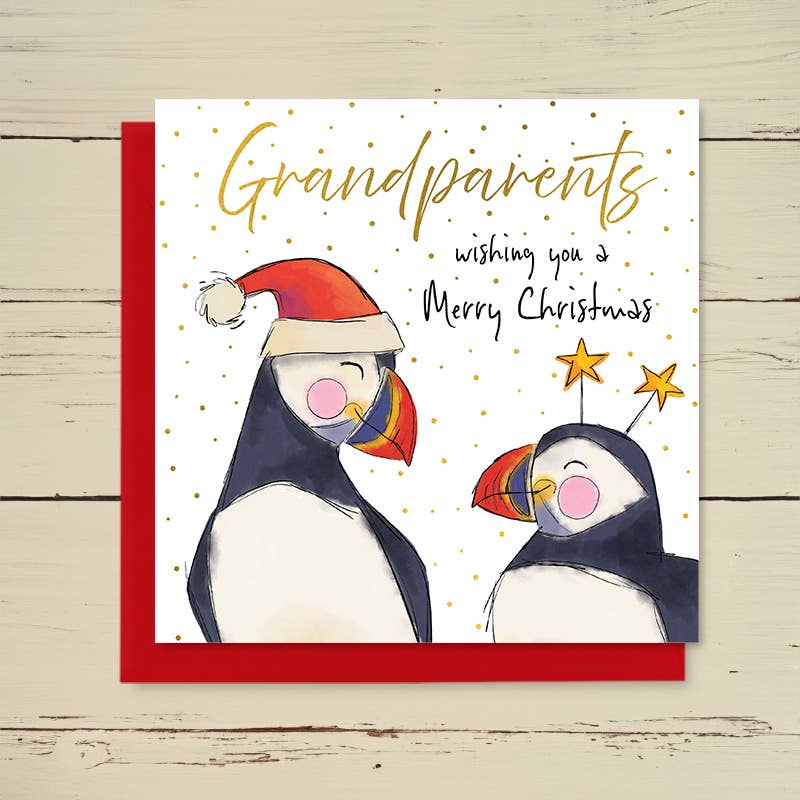 Christmas Greetings Card - Puffins - Grandparents, Merry Christmas - Dandelion Stationery