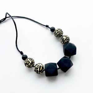 Teething Necklace - Black and Leopard Print - Geometric Silicon Bead Teething Jewellery - Mama Knows