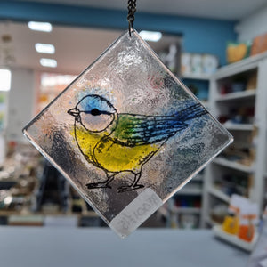 Blue Tit Hanging Glass Decoration - Fused Glass - Twice Fired
