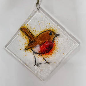Christmas Robin Hanging Glass Decoration - Fused Glass - Twice Fired