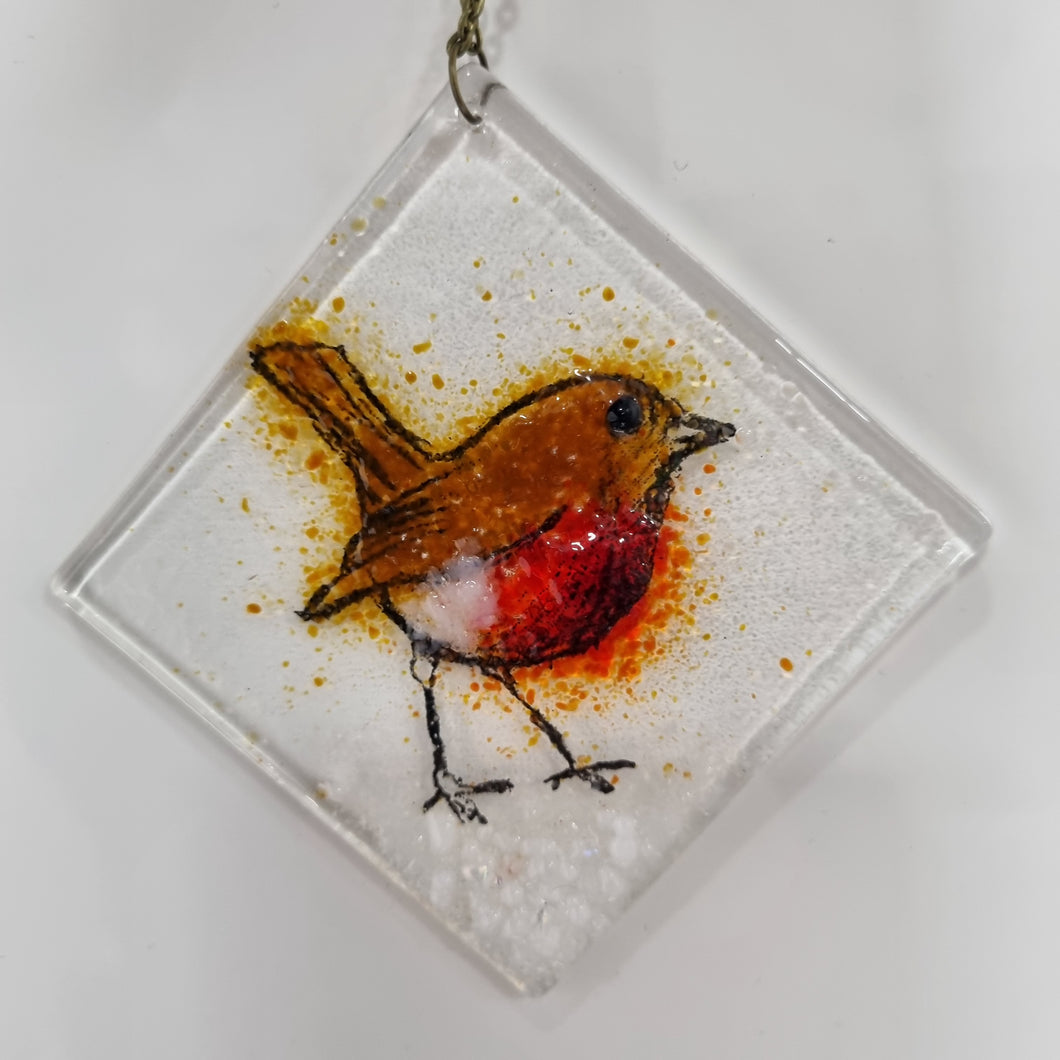 Christmas Robin Hanging Glass Decoration - Fused Glass - Twice Fired