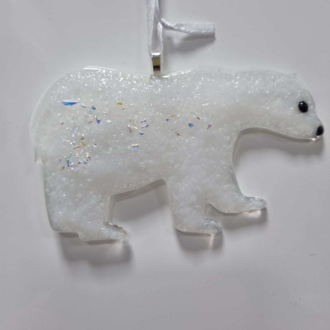 Festive Polar Bear - Hanging Glass Christmas Decoration - Fused Glass - Twice Fired