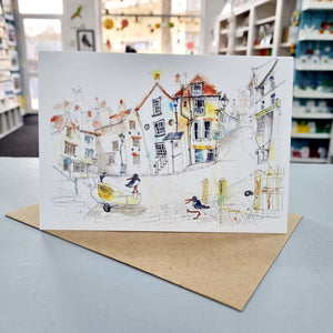 Greetings Card - Robin Hoods Bay and Oystercatchers - Yorkshire Art - Tim Gomersall Art & Illustration