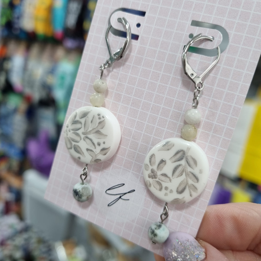 White Floral Dangle Earrings - Dalmation Jasper Beads - Polymer Clay Earrings - Laura Fernandez Designs
