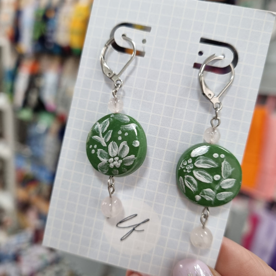 Green Floral Dangle Earrings - Rose Quartz Beads - Polymer Clay Earrings - Laura Fernandez Designs