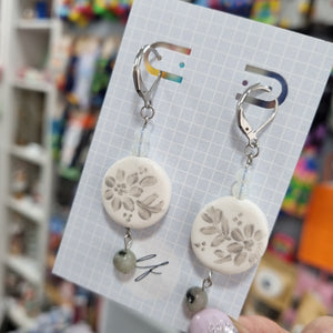 White Floral Dangle Earrings - Opal and Dalmation Jasper Beads - Polymer Clay Earrings - Laura Fernandez Designs