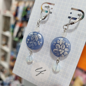 Blue Floral Dangle Earrings - Lace Agate Beads - Polymer Clay Earrings - Laura Fernandez Designs