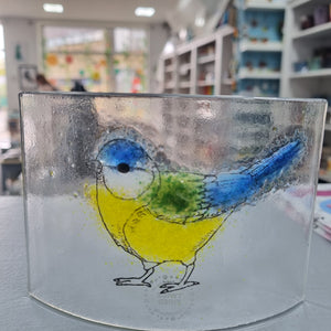 Blue Tit - Curved Glass Freestanding Artwork - Fused Glass - Twice Fired