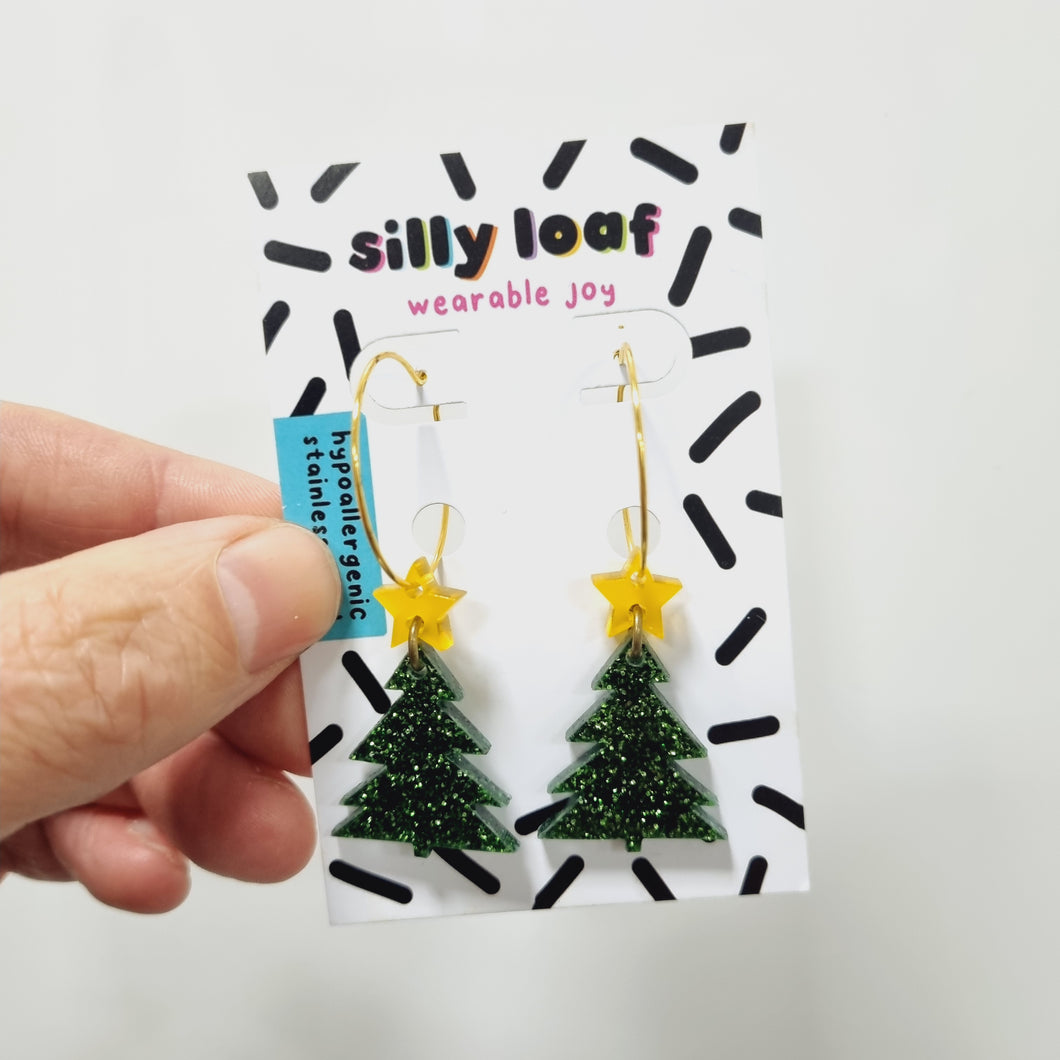 Glitter Christmas Tree Hoop Earrings - Acrylic Earrings - Silly Loaf