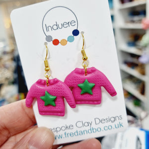 Christmas Jumper - Pink with Green Star - Polymer Clay Earrings - Induere