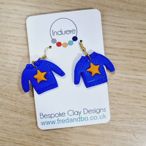 Christmas Jumper - Blue with Orange Star - Polymer Clay Earrings - Induere