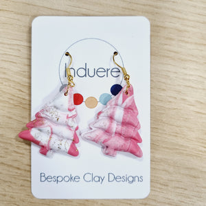 Christmas Earrings - Pink Marble Tree - Polymer Clay Earrings - Induere