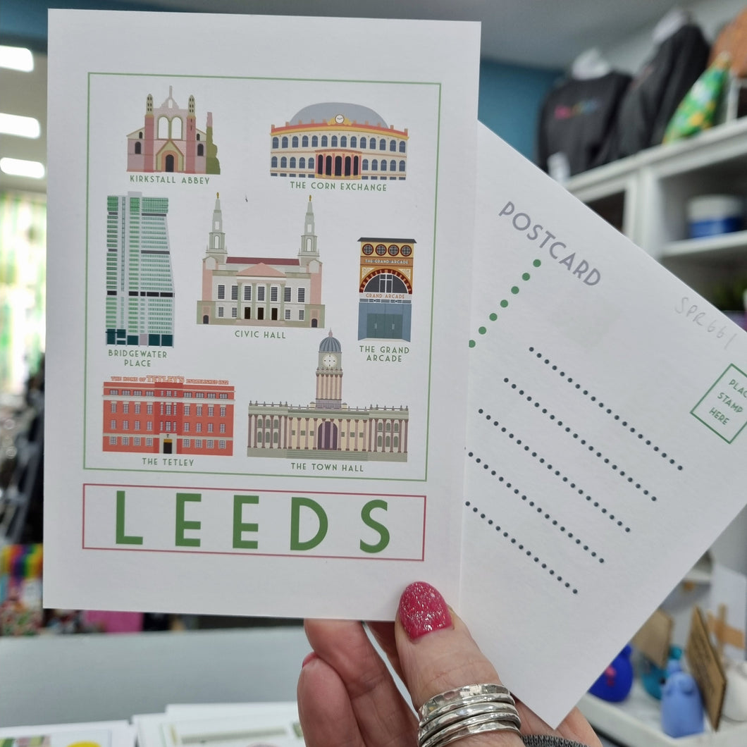 Leeds Landmarks Postcard - tourism poster inspired - Sweetpea and Rascal - Yorkshire Greetings